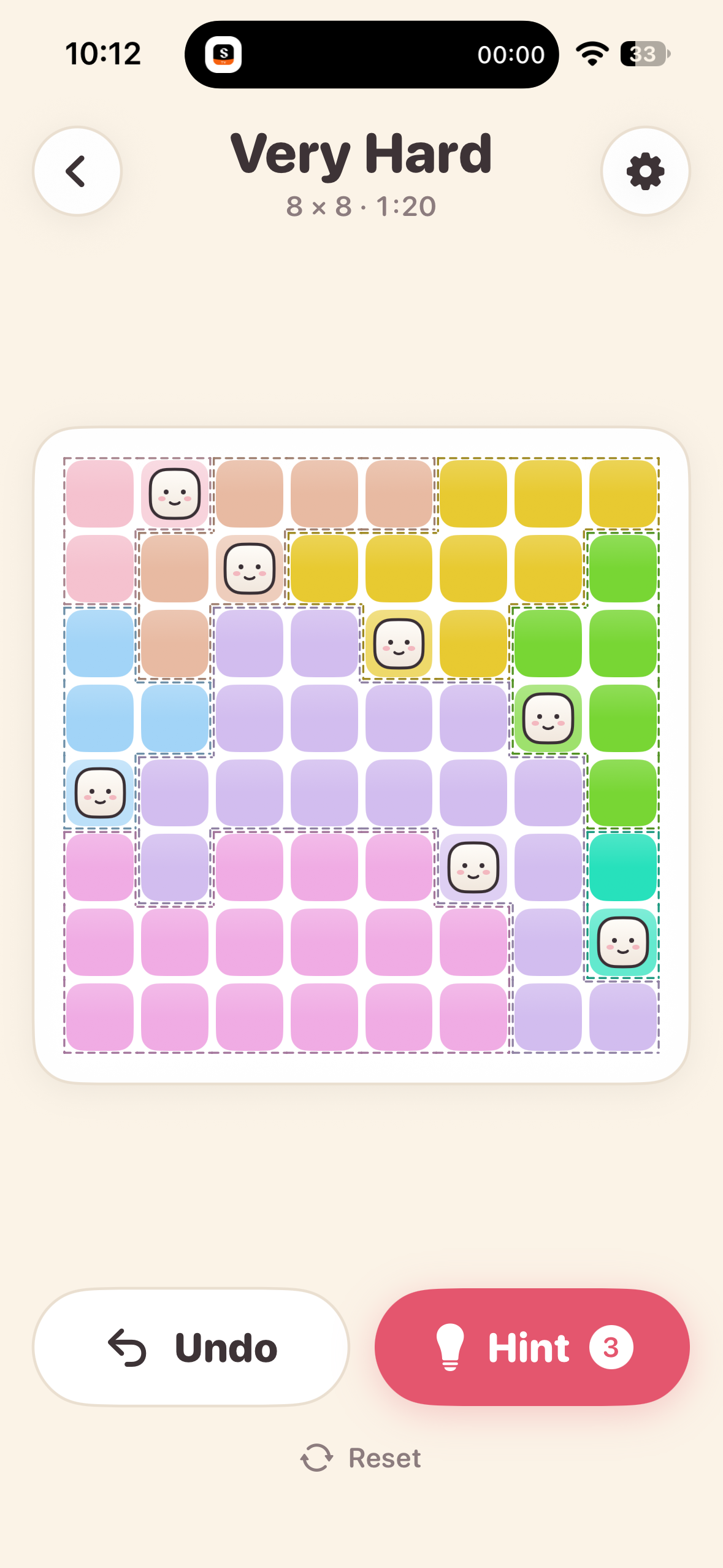 Squish & Solve: a colorful 8 by 8 logic puzzle with pieces placed in each region